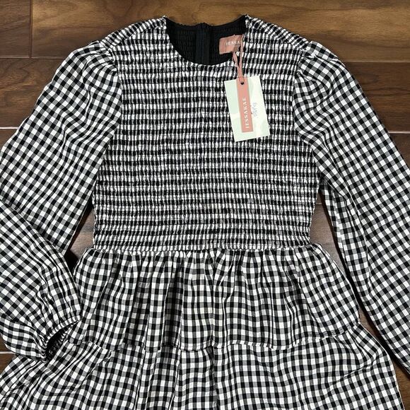 Jessakae Women's Size Medium Black White Check Plaid Smocked Tiered Dress - Picture 2 of 11